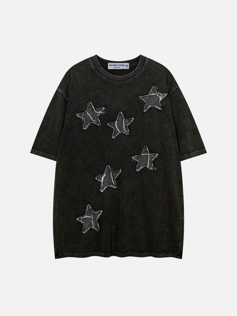 T Shirts Aelfric Eden Denim Star Patchwork Washed Tee Grise | APE-99861668